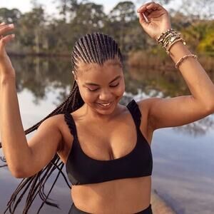 NWT Aerie Black Ruffle Strap Scoop Bikini Top Swim Bralette Size M